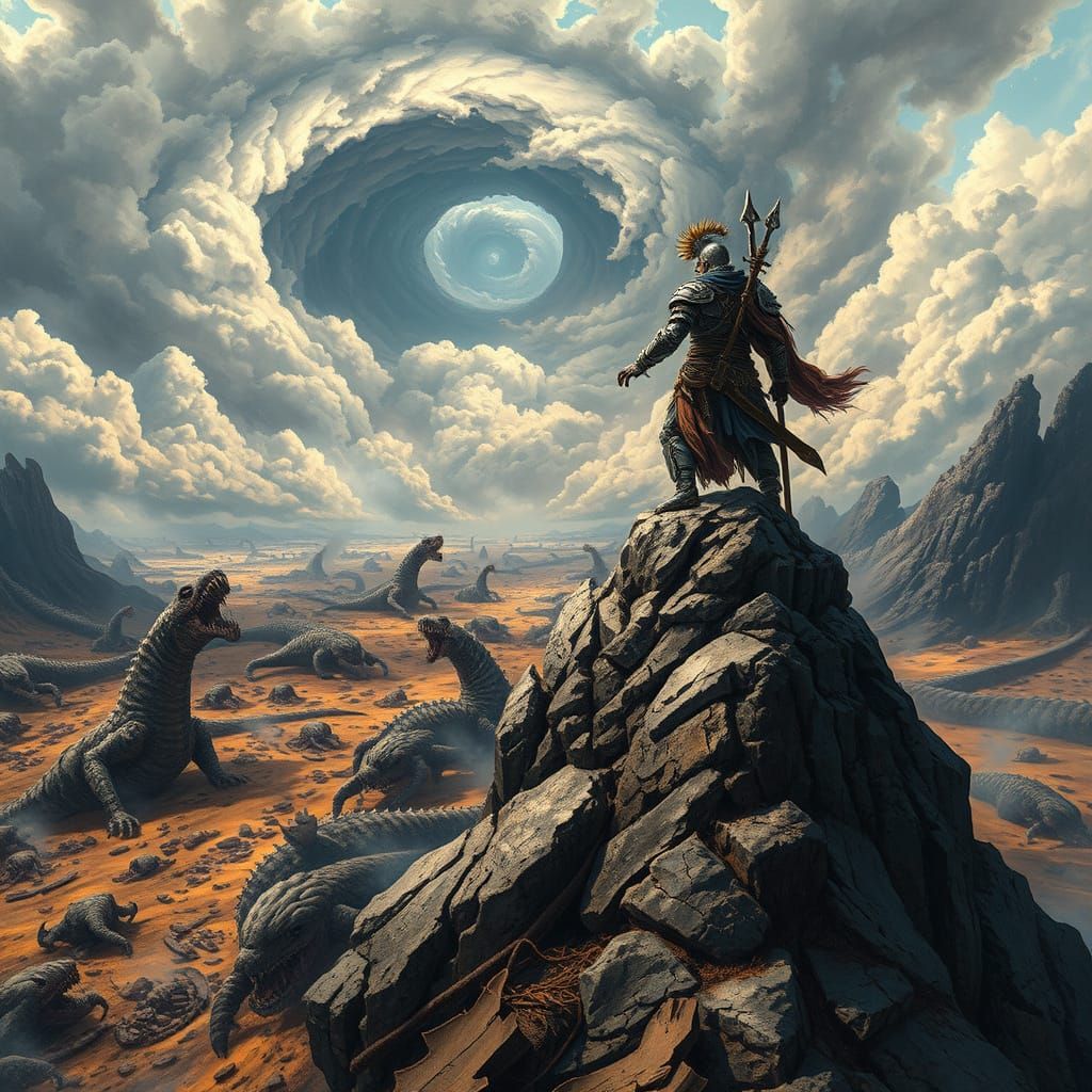 Heroic Warrior Dominates the Battle Scarred Landscape in a D...