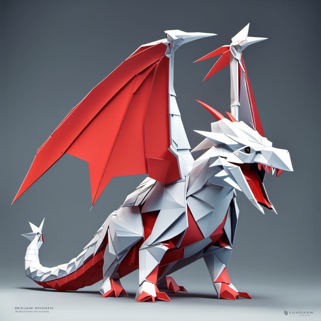 Origami of adorable anthropomorphic giant wyvern in a 3d blueprint page,Greg Rutkowski, WLOP, Yoshikata Amano, Edwin Lan...