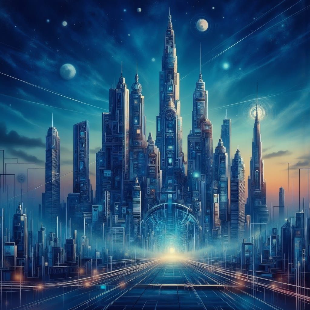 Dubai Towers: Ethereal Twilight Symphony in Retro-Futuristic...