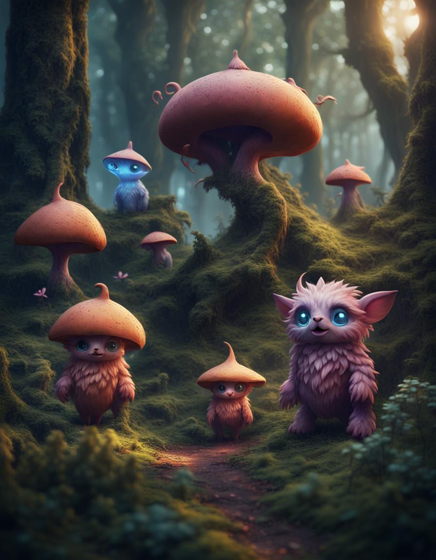Enchanting Forest: Magical Creatures in Detailed Painting