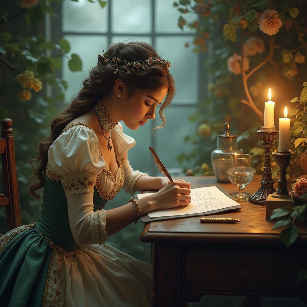 Young Woman Writing Letter in Ornate Style