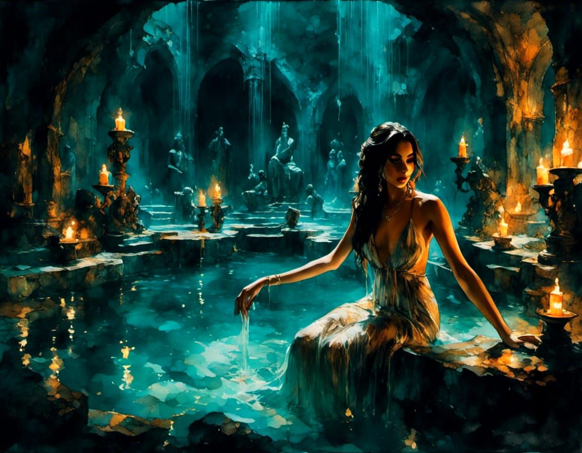 Brunette Girl Bathing in Underground Hot Spring