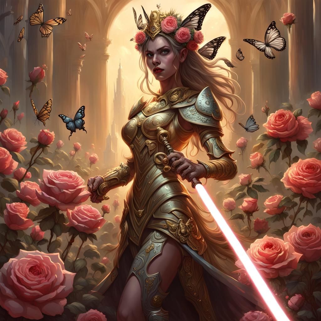 Elf Princess vs Gold Robot with Lightsaber