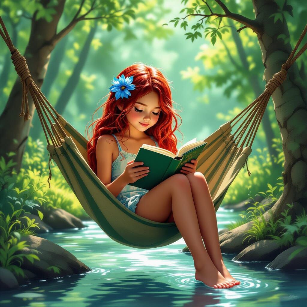 Fairy Reading in Forest Hammock, Realistic Airbrush Style