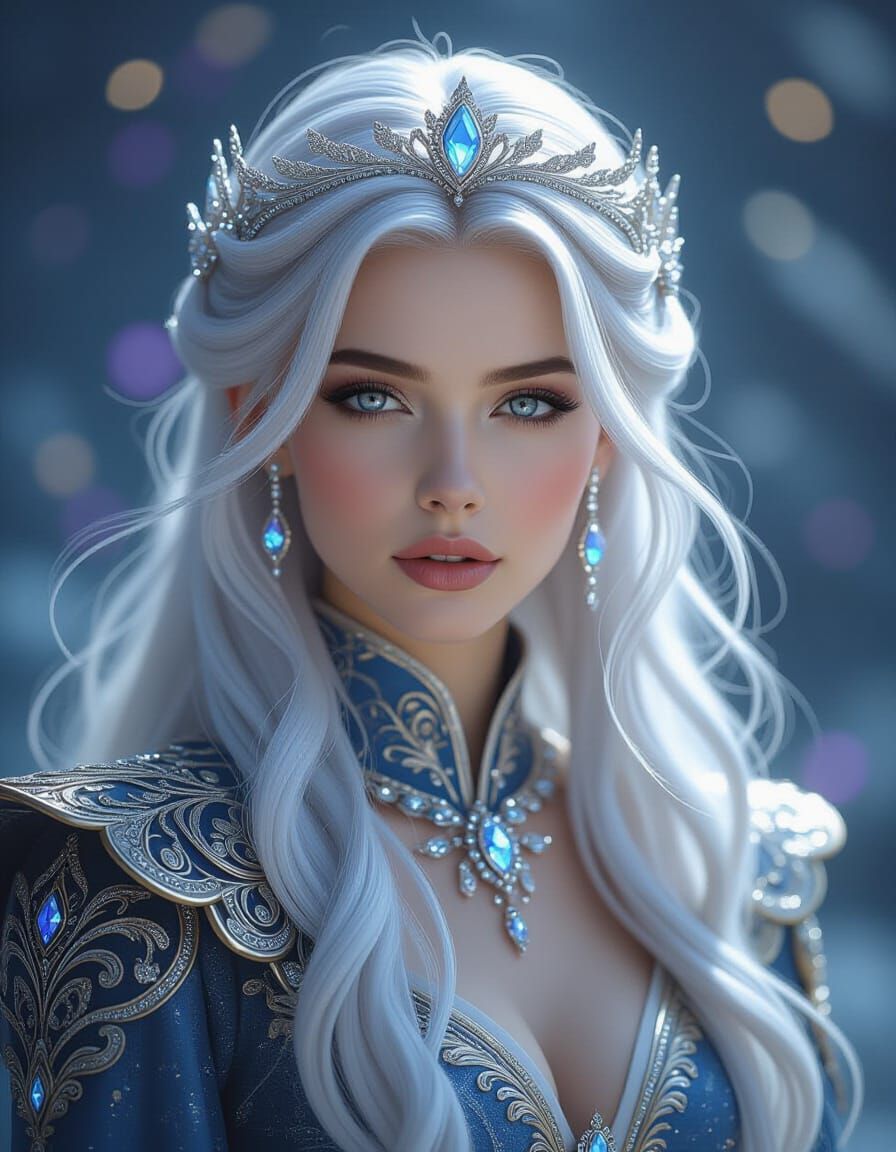 Celestial Woman with Flowing Silver Hair in Digital Art