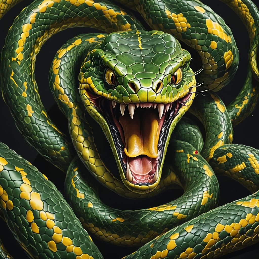 Fierce Green and Yellow Snake Portrait