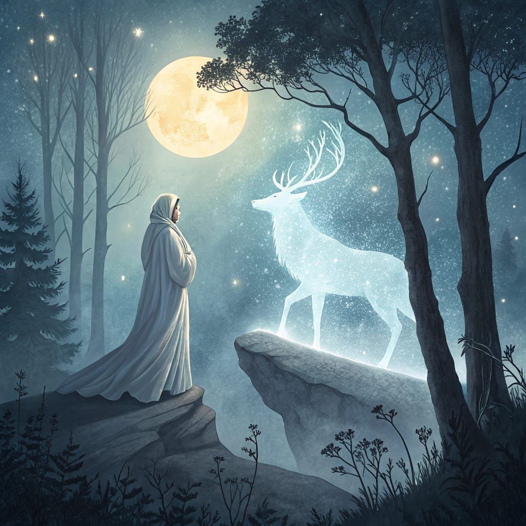 Ethereal Shaman with Deer in Moonlit Forest