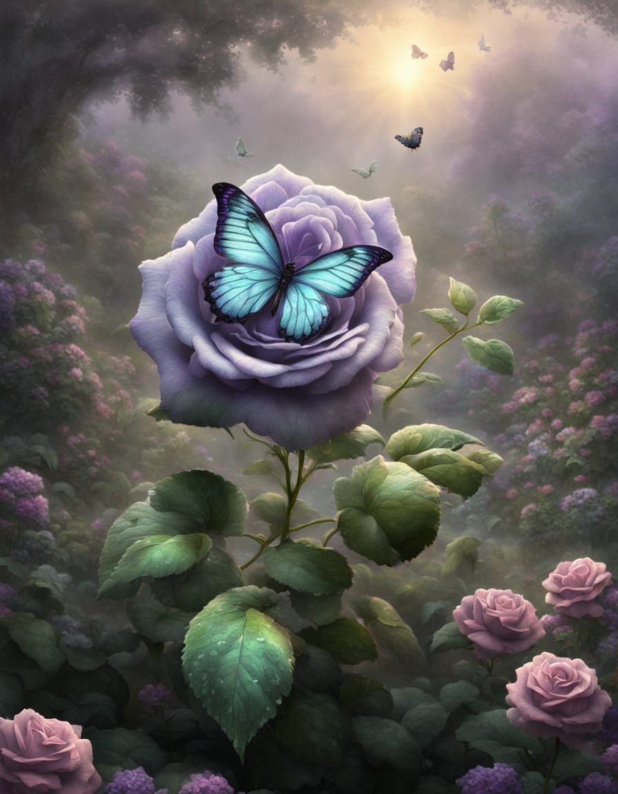 Green Rose With Lavender Butterfly in Garden