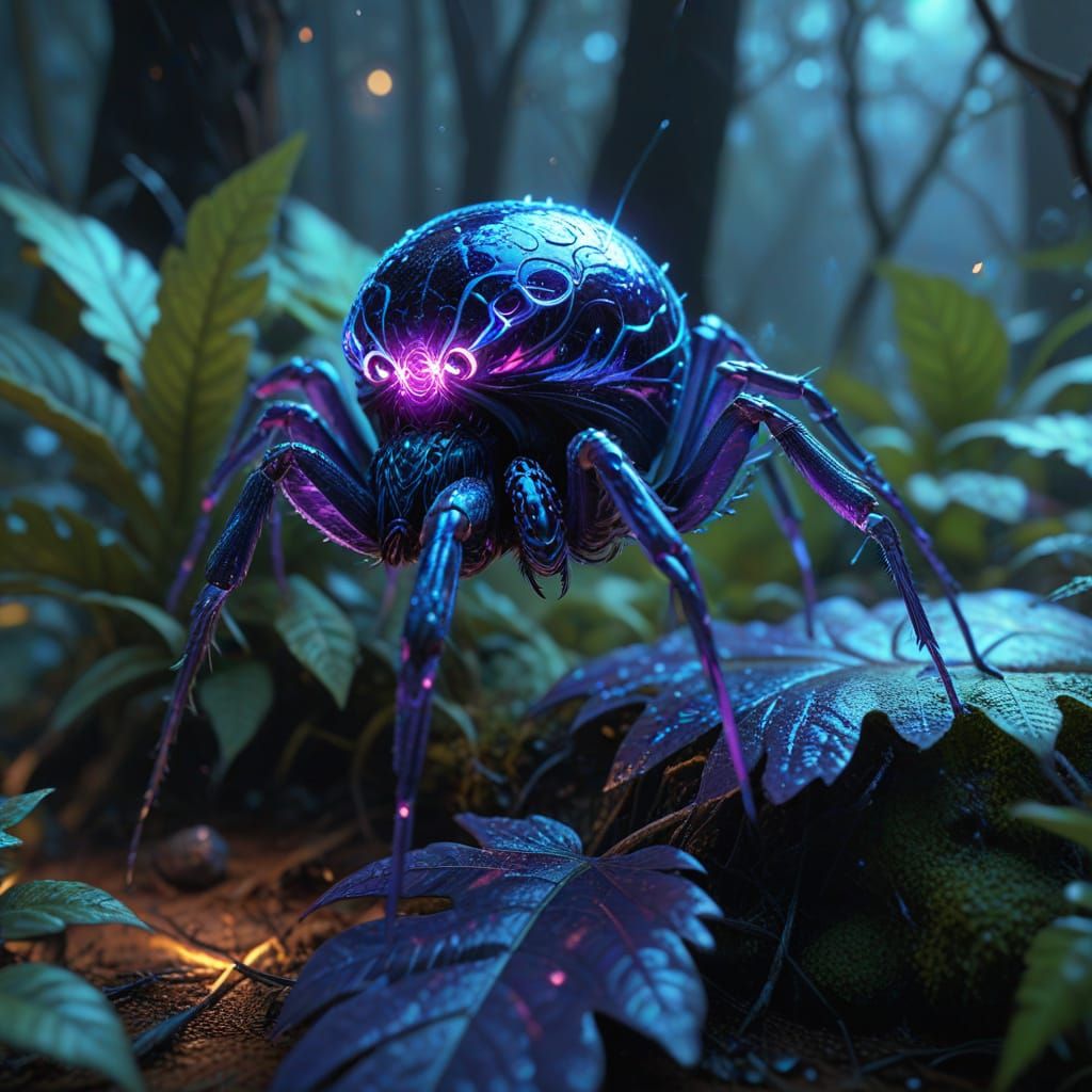 Bioluminescent Spider in Enchanted Forest - Digital Art