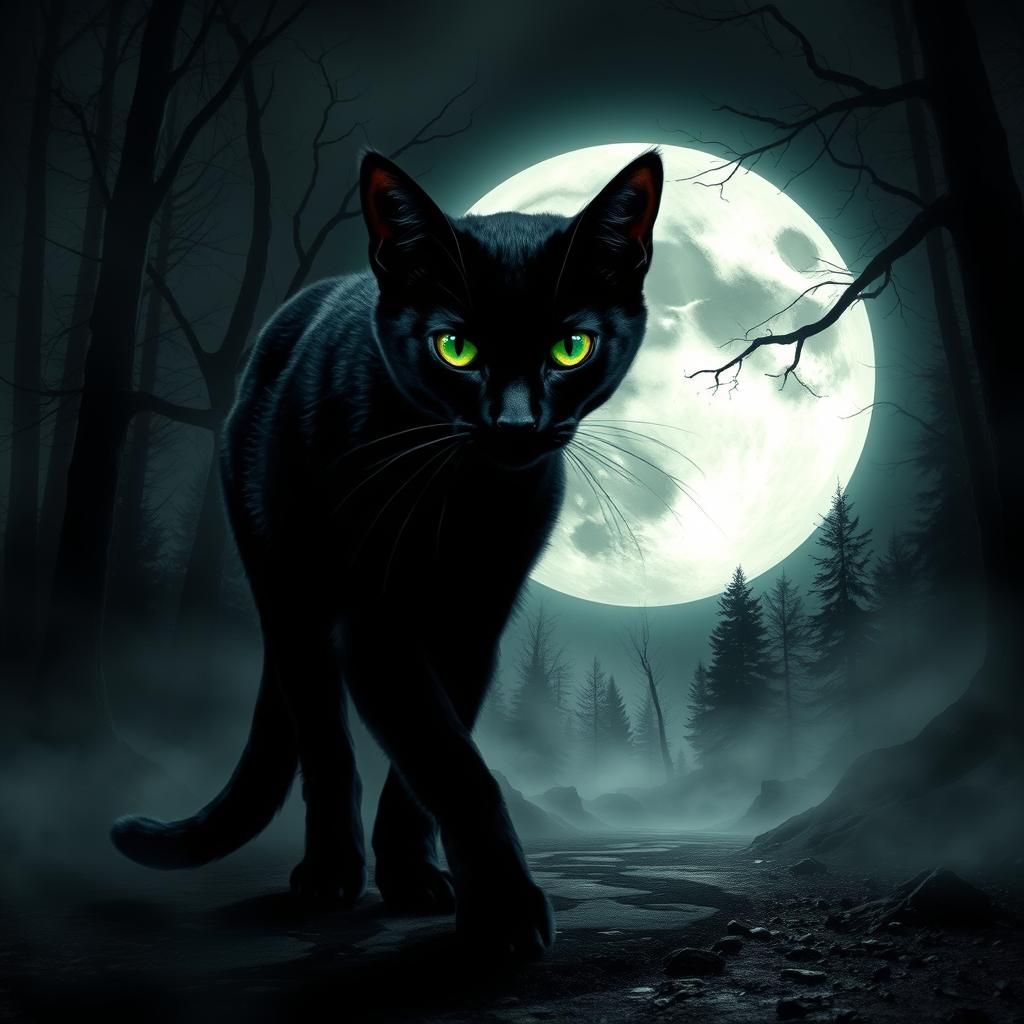 Mysterious Black Cat in Misty Forest
