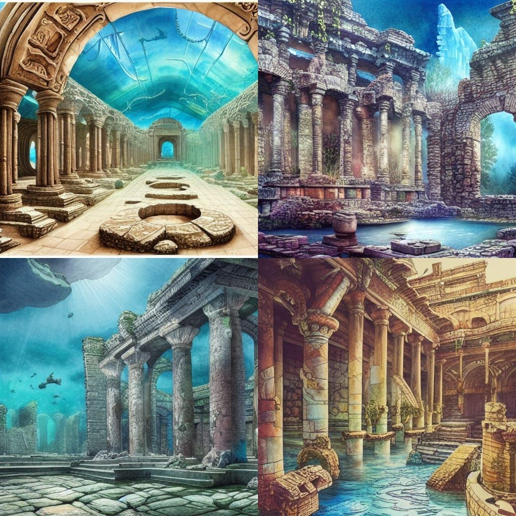 Underwater Fantasy Ruins in Watercolour Style