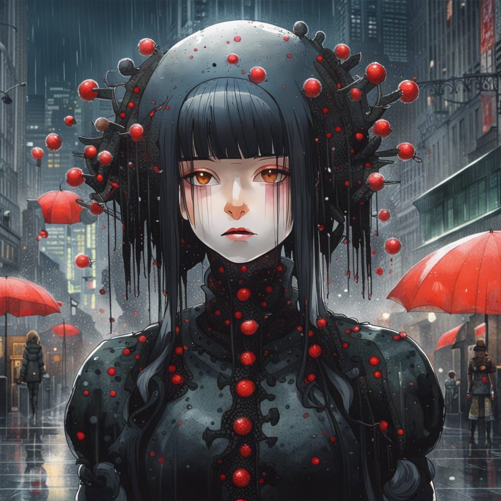 Rainy City Android in Gothic Anime Style