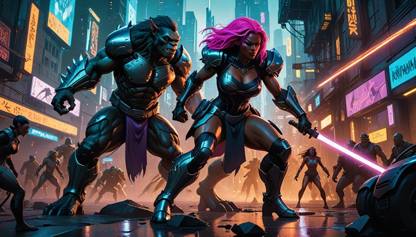 Cyberpunk Superheroine vs Troll in Neon City