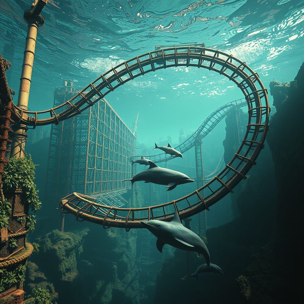 Dolphins Glide Past Submerged Roller Coaster
