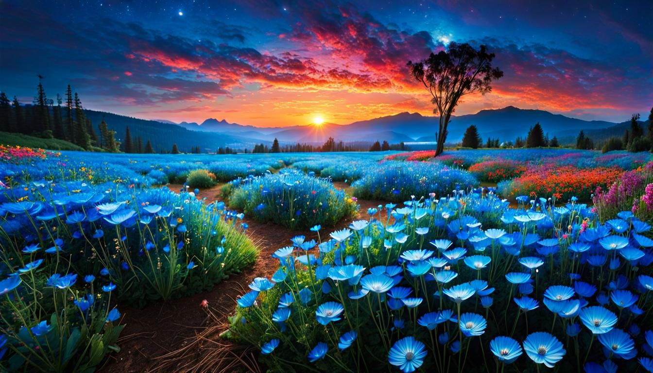 Bioluminescent Wildflower Field Under Cosmic Sky