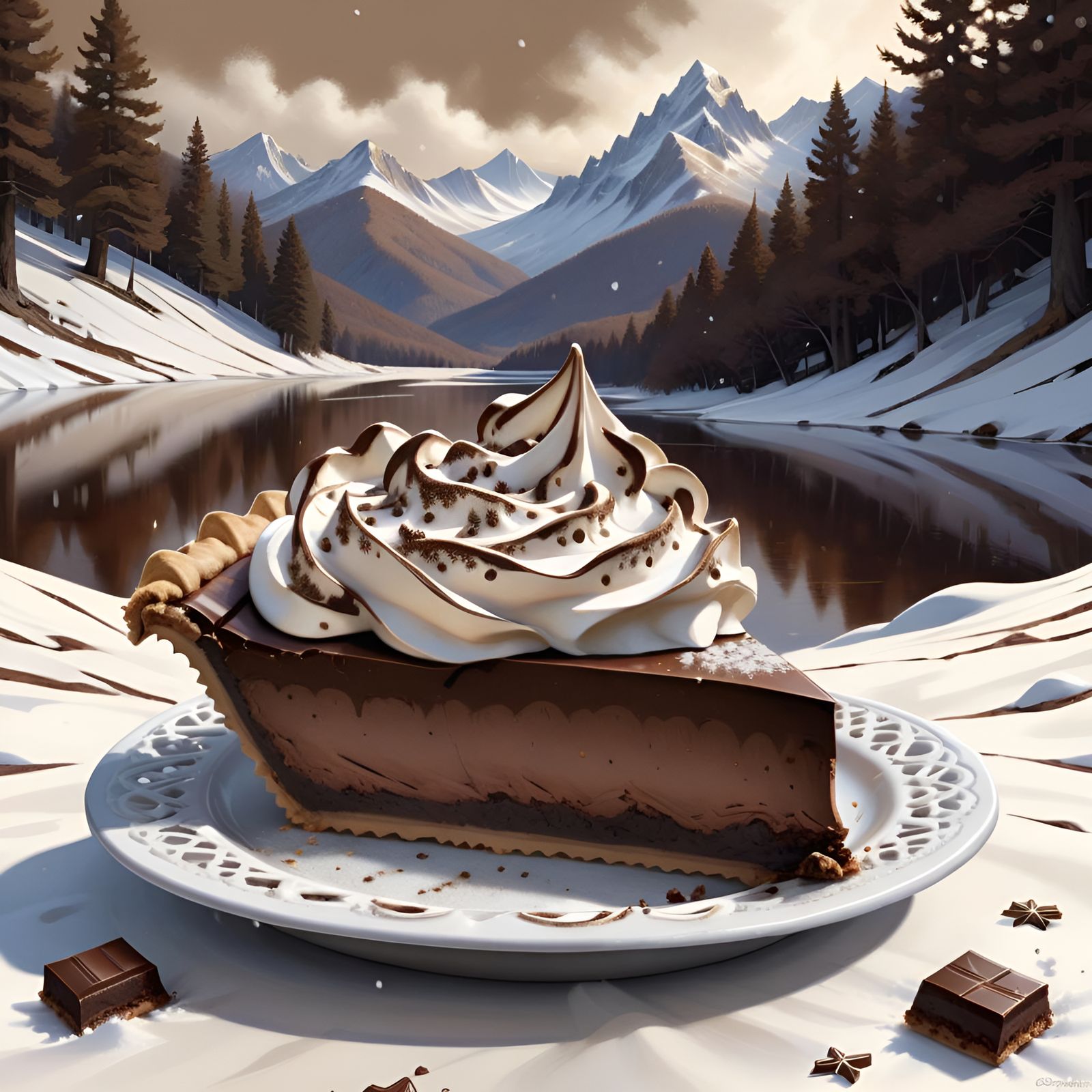 Winter Chocolate Pie in Digital Painting Style