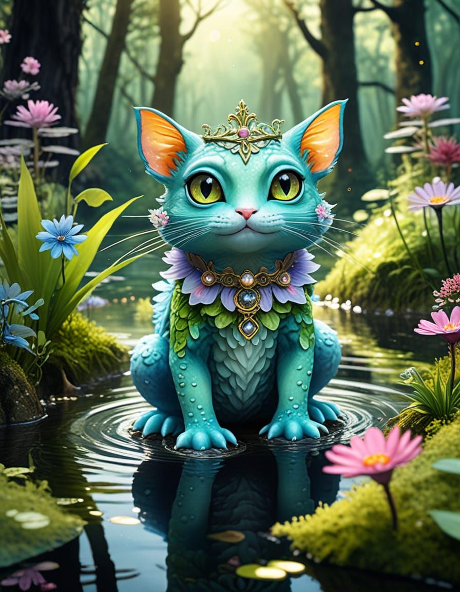 Whimsical Cat-Frog Chimera in Fairy Forest