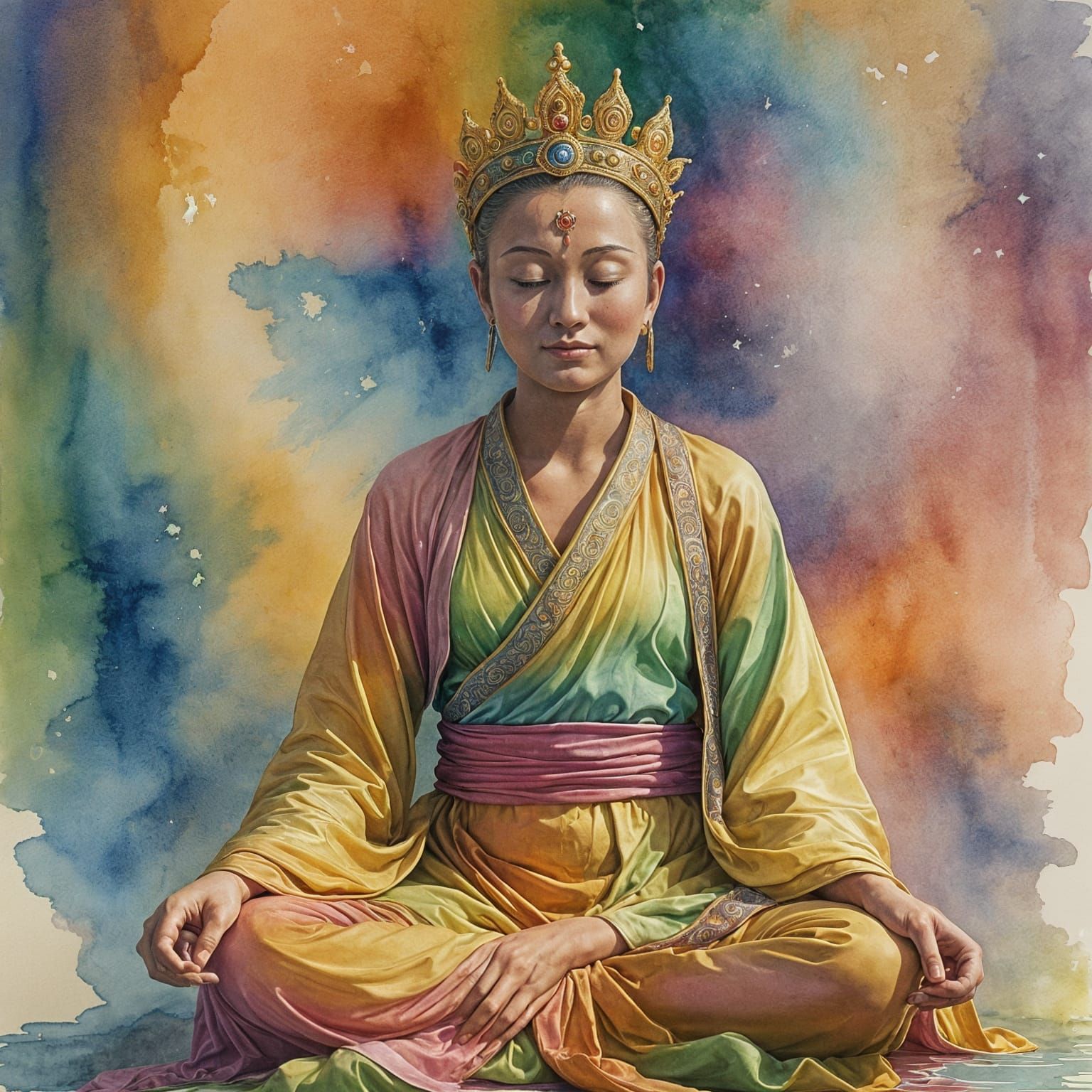 Buddha Visualization with Golden Light in Watercolor Style