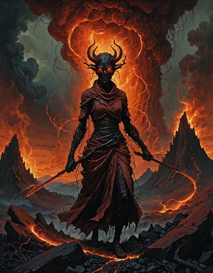 Fiery Demon Torments Souls in Hellscape