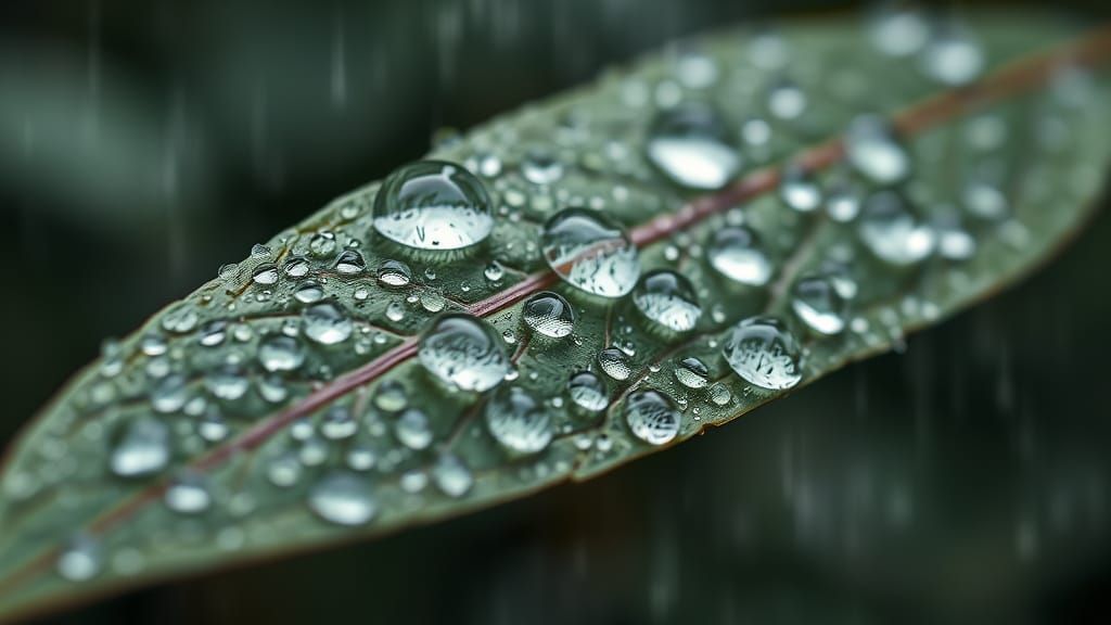 Raindrops on a Leaf in Hyperrealistic Detail
