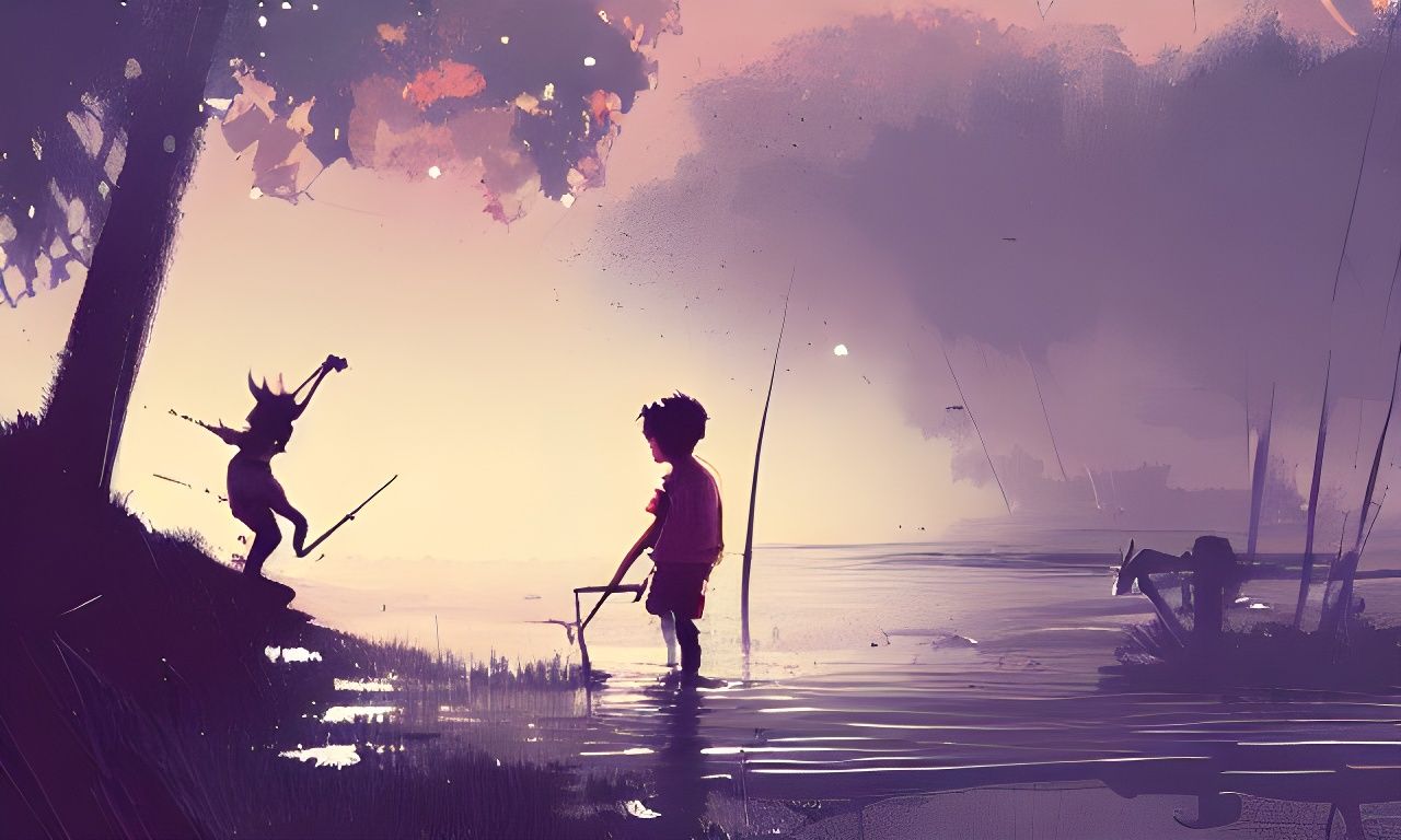 Boys Playing in Lake: Digital Cel-Shaded Illustration