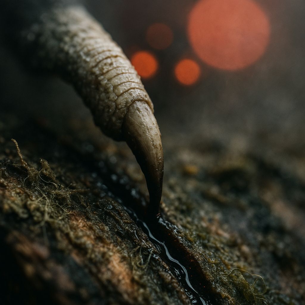 Gnarled Claw Scrapes Rotting Bark, Horror Macro Shot