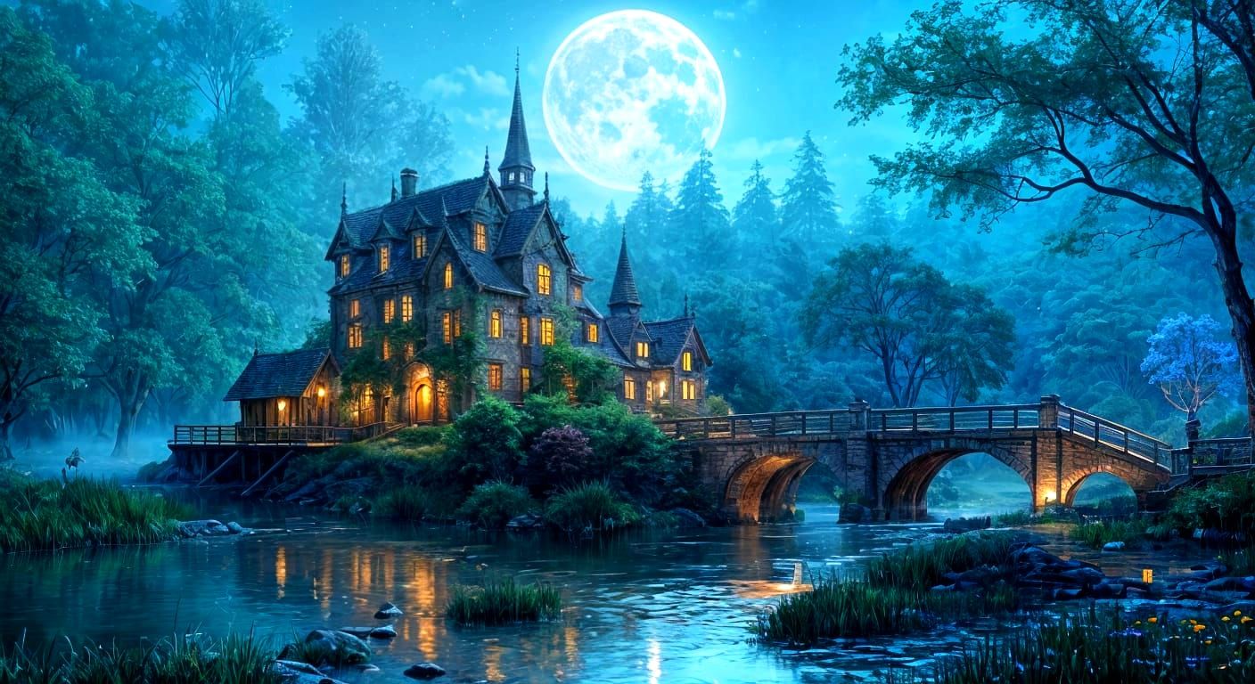 Fantasy Mill and Castle Landscape with Twin Moons