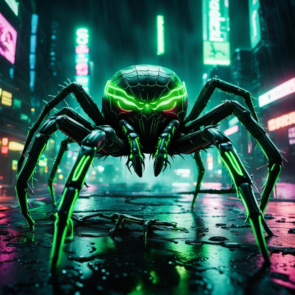 Cyberpunk Spider Crawling on Blood Web