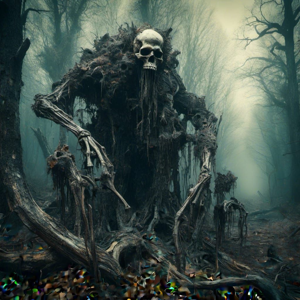 Windigo Stalks Forest with Skulls and Bones