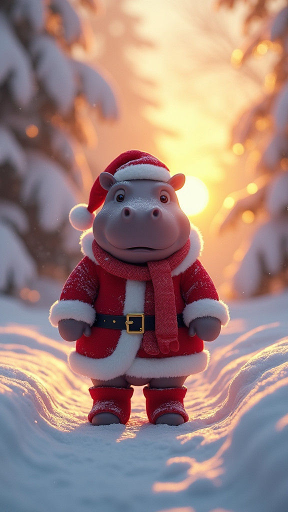 Festive Hippo in Winter Landscape, Dark Fantasy Art