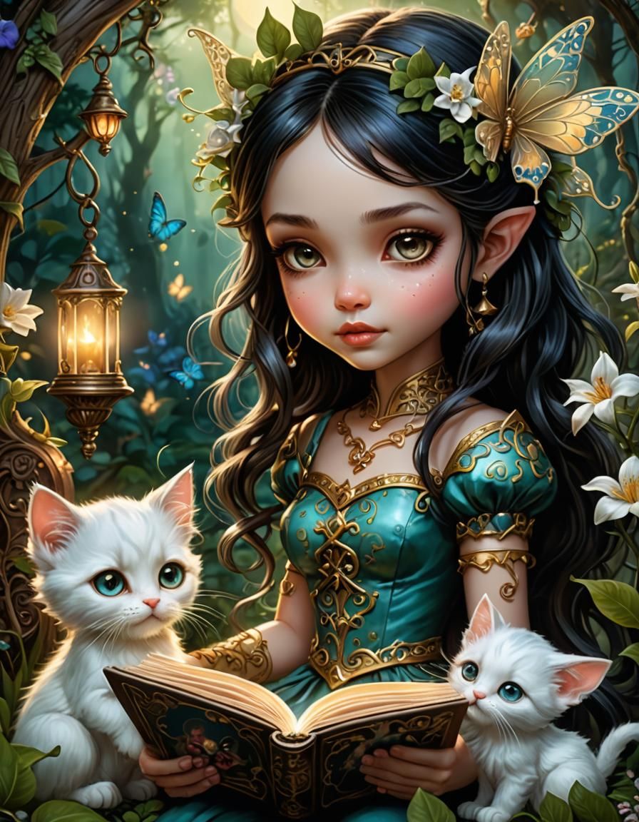 Enchanting Fairy Reads to Kitty in Whimsical Garden