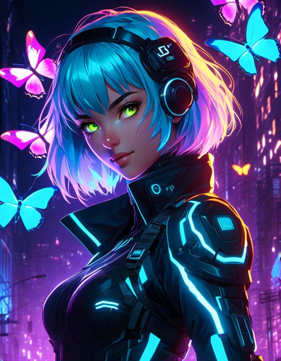 girl with glowing deep green hair and fluorescent glowing bl...