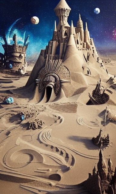Intricate Sandcastle in Space: A Mixed Media Painting