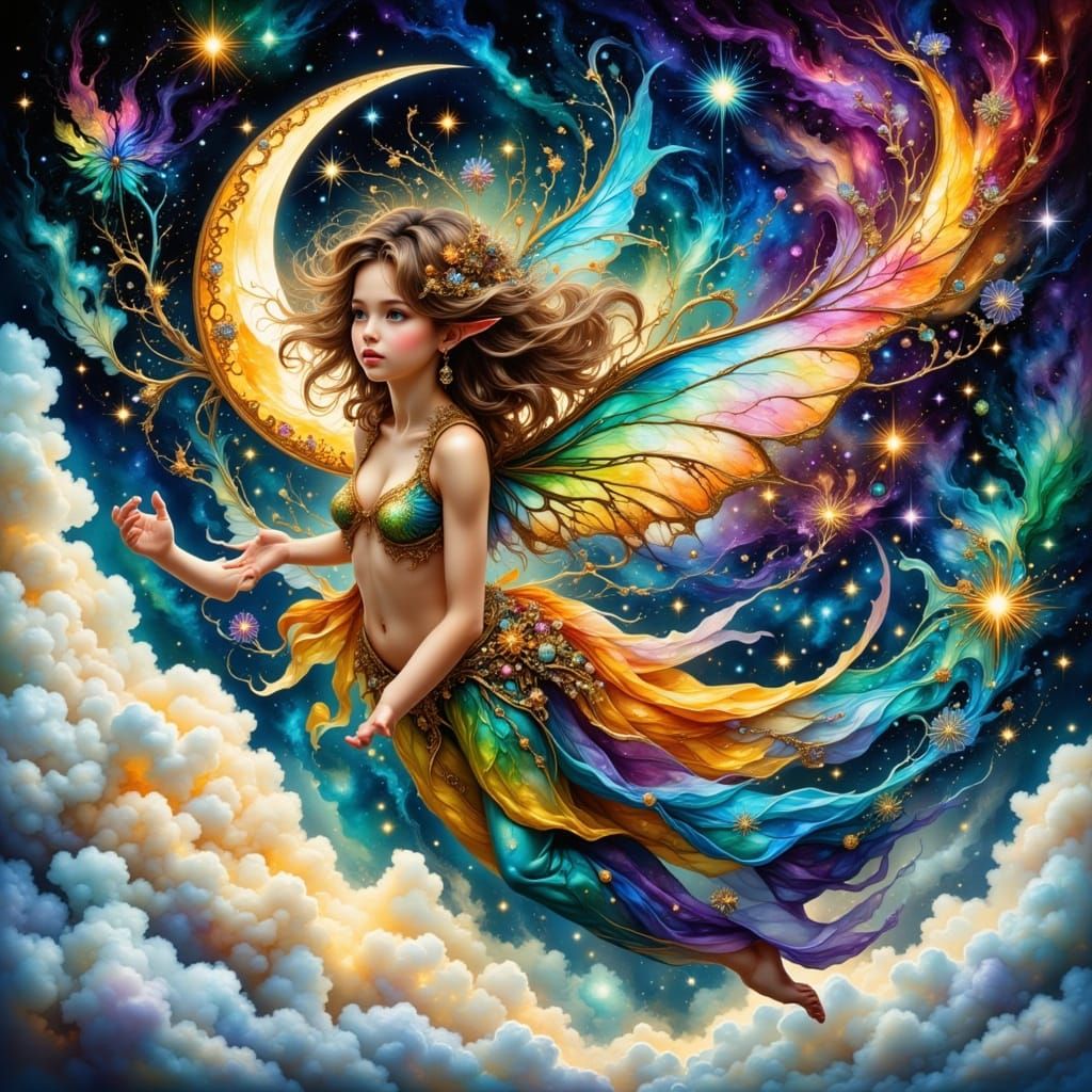 Elf Soaring Through Whimsical Fantasy World