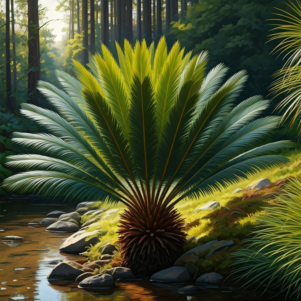 Dandelion Cycad Thriving by Stream in Oil and Ink