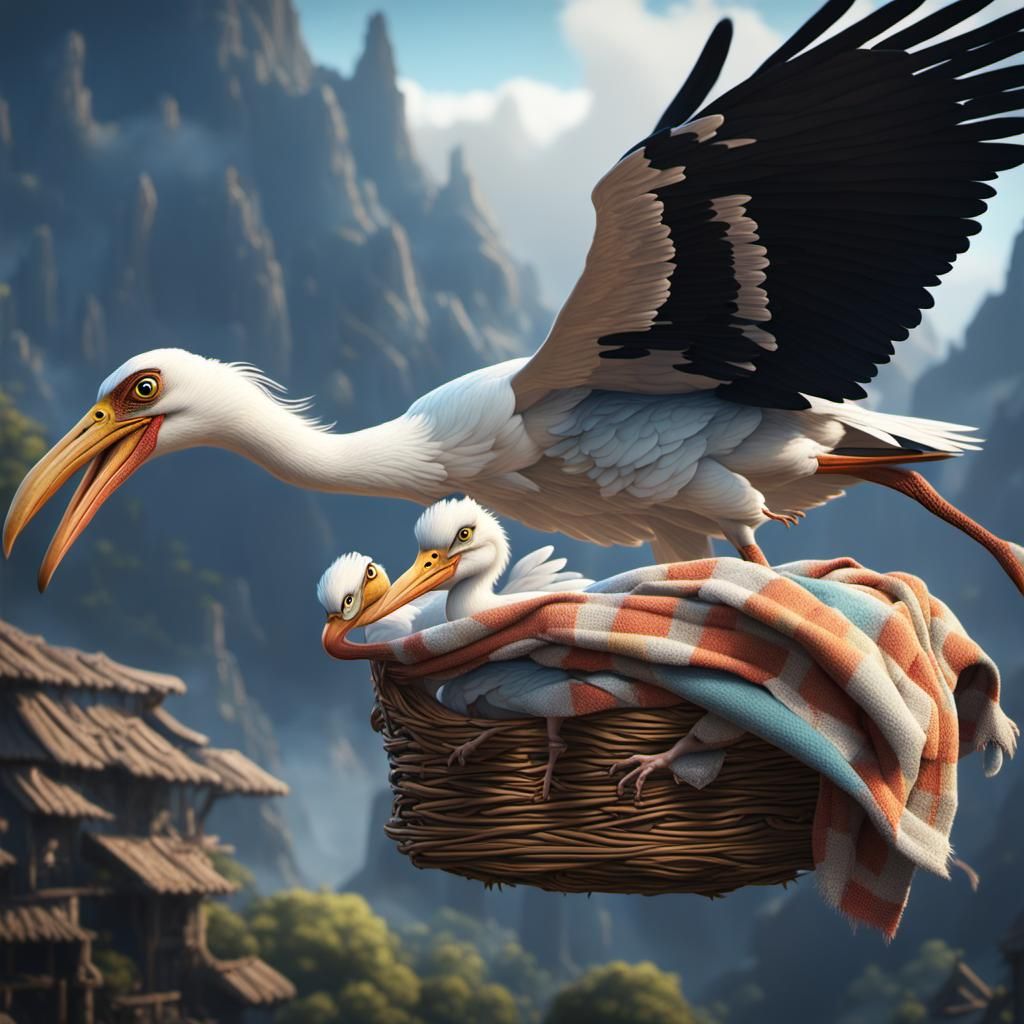 Comical Stork Delivering Baby: Fantasy Concept Art