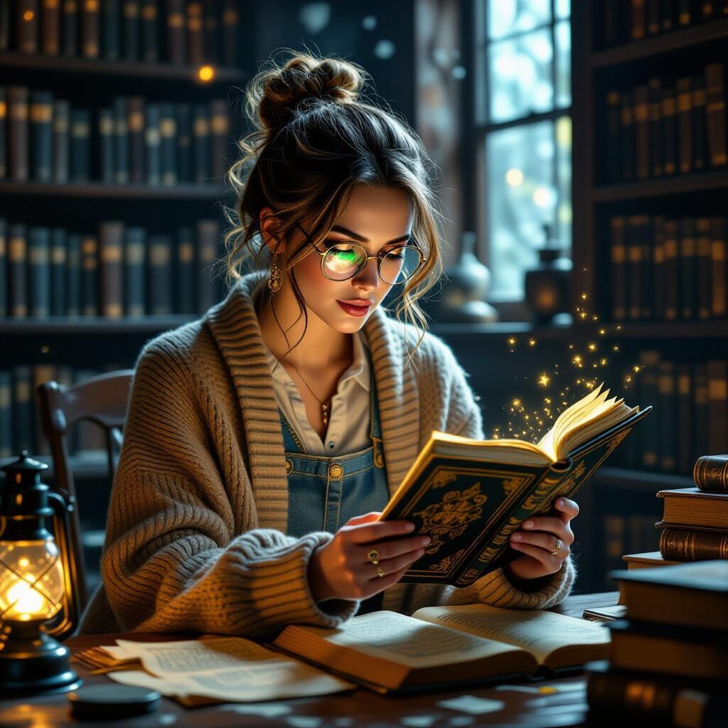 Librarian Finds Dragon Spell, Retro-Futuristic Style