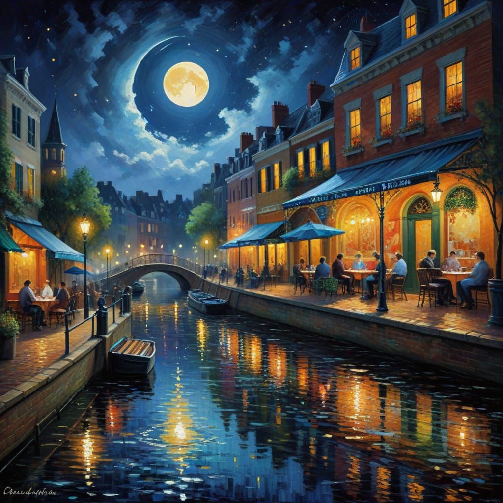 Impressionist Cafe Scene under Full Moon