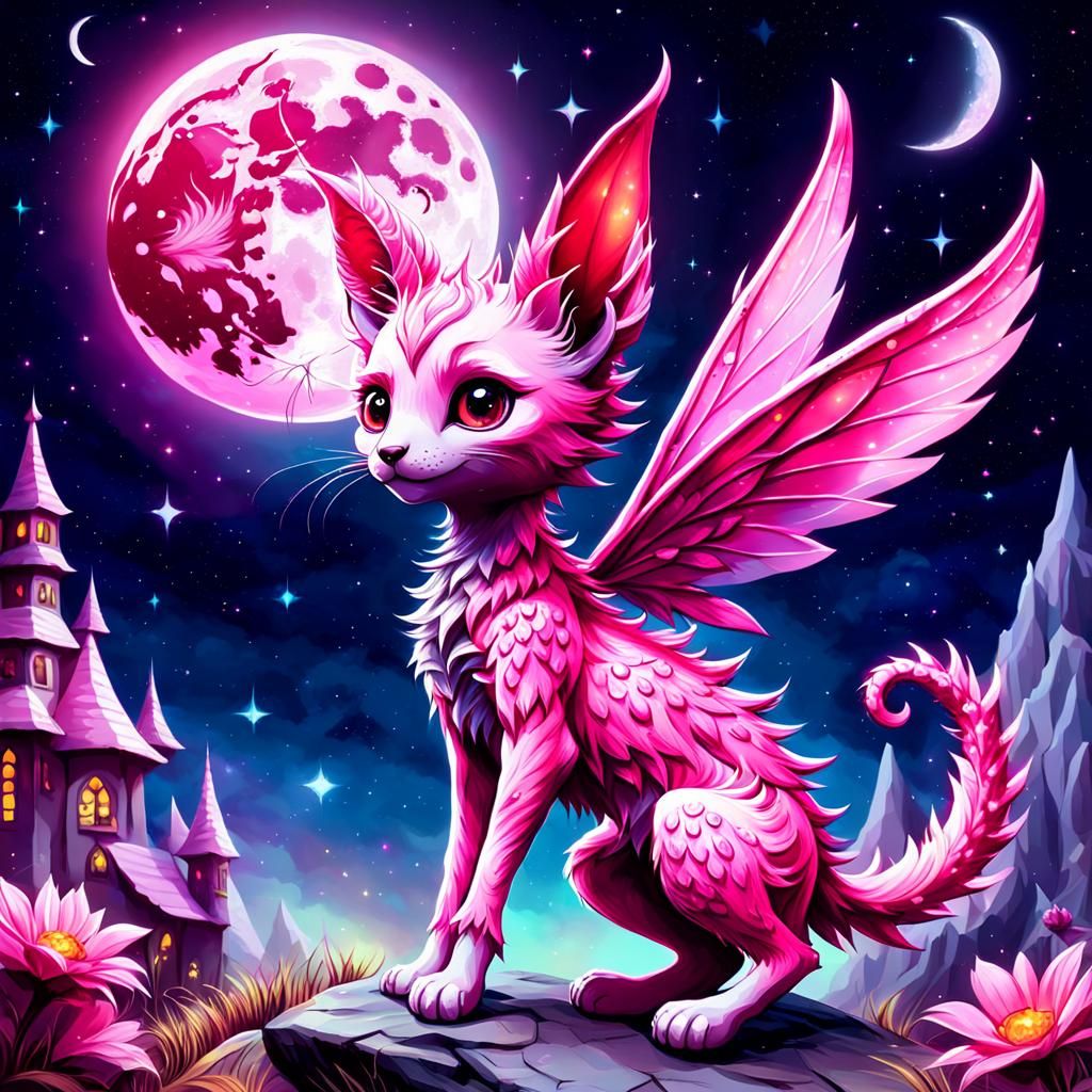 Pink Fairy Cat Reaching for the Moon in Card Art