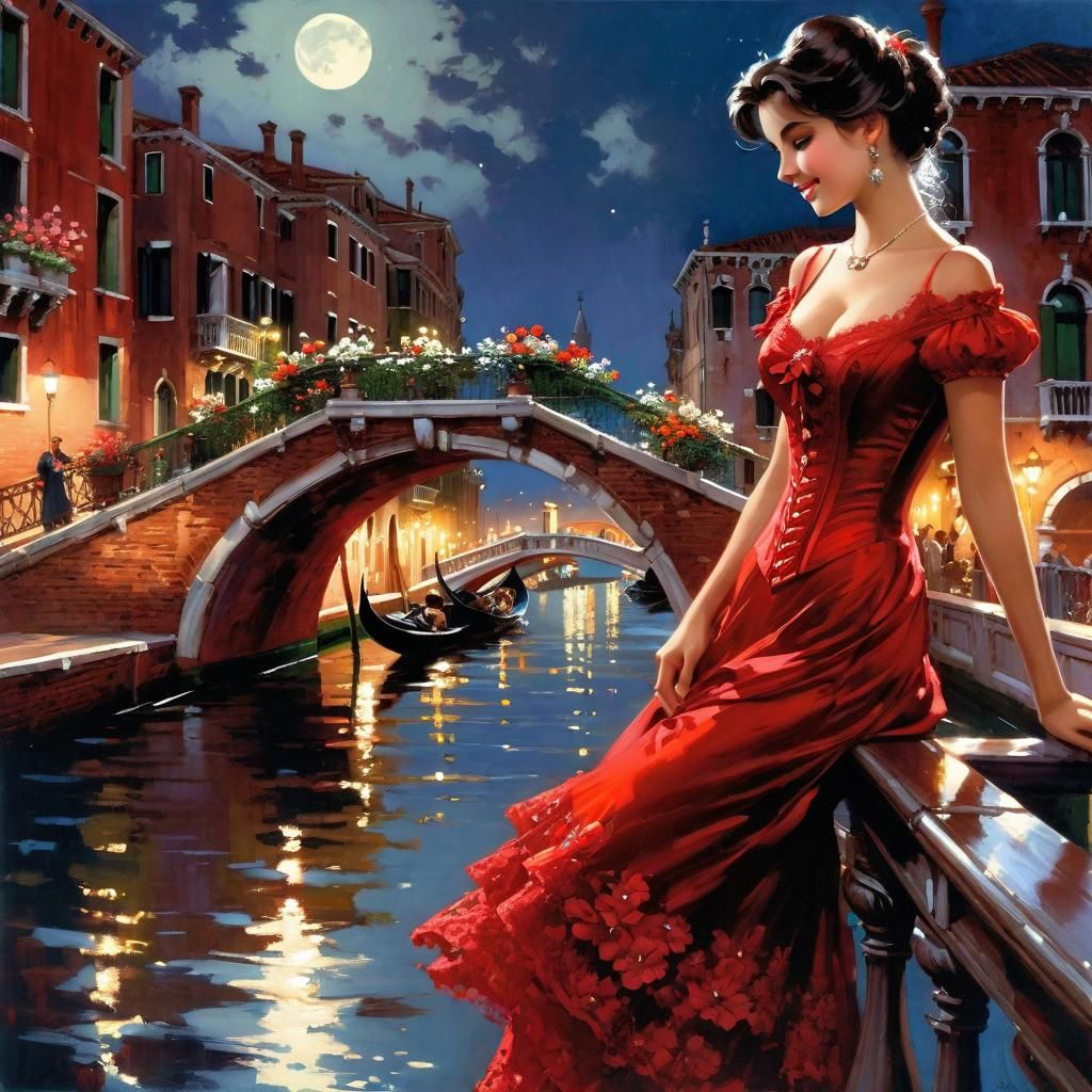 Victorian Girl in Venice by Moonlight