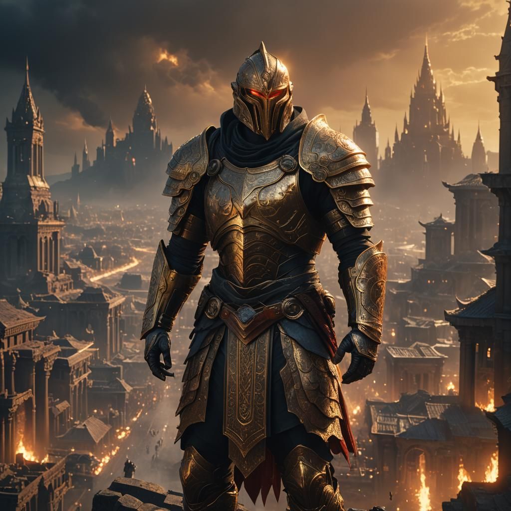 Gilgamesh Defiant in Epic Fantasy Cityscape