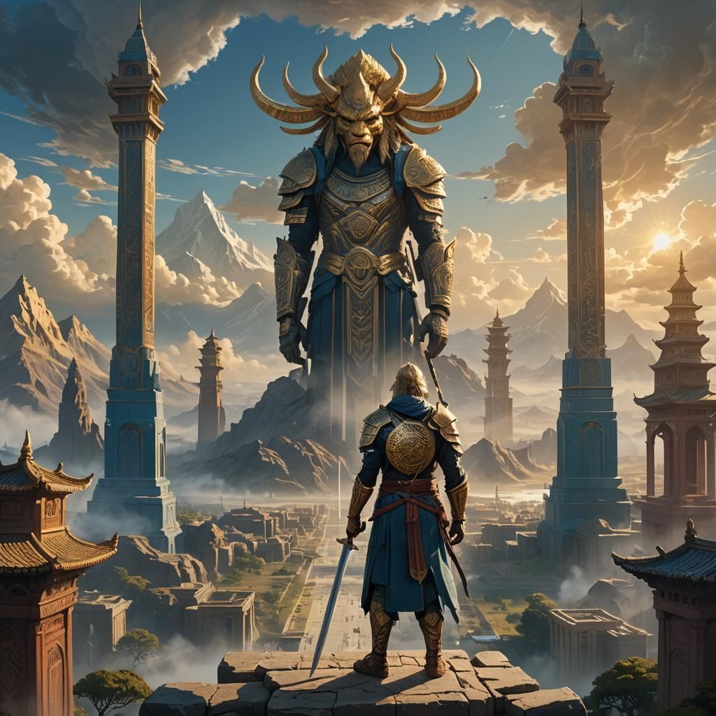 Heroic Gilgamesh in Epic Fantasy Landscape