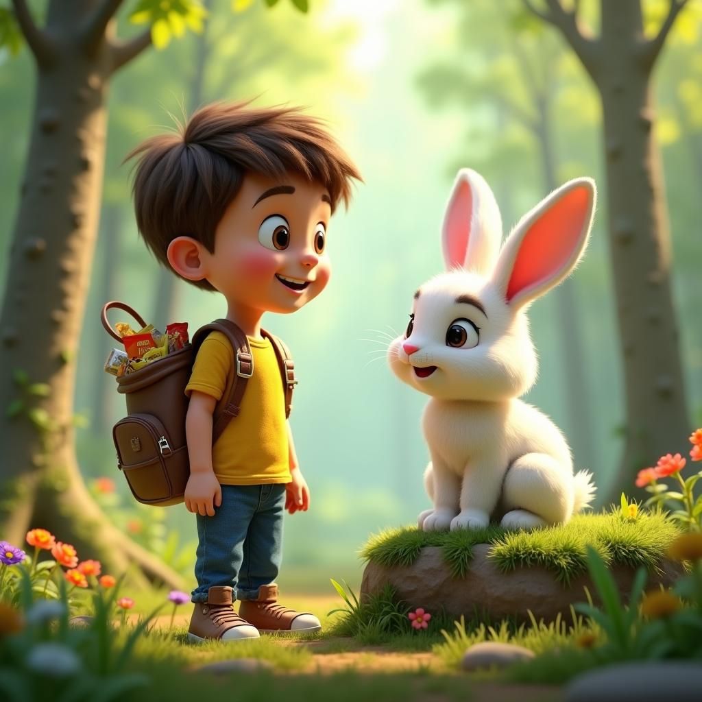 Timmy Meets Bella the Bunny in Lush Forest