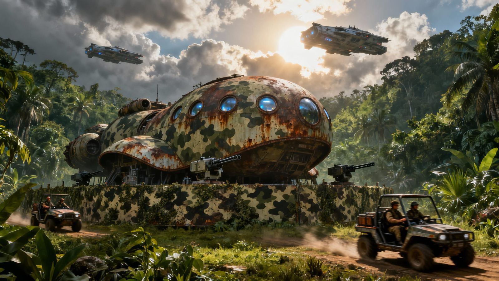 Hidden Jungle Attack Base in Sci-Fi Style