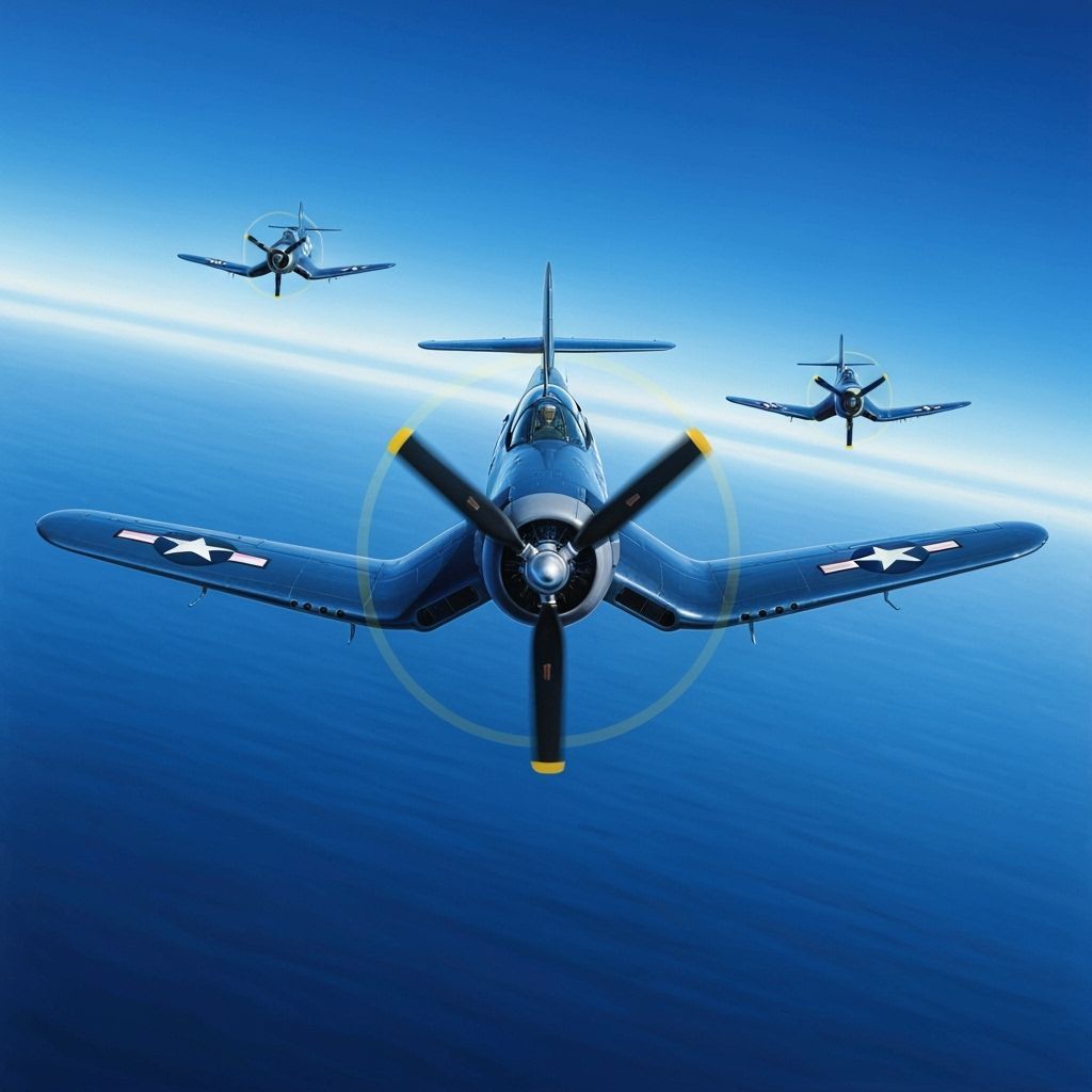 WWII Corsair Fighters Flying at Viewer in Dramatic Style