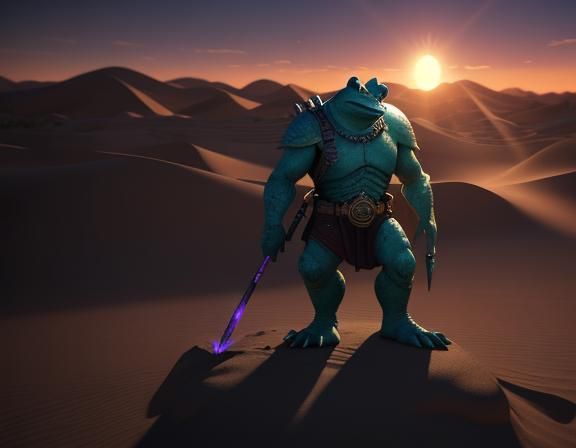 Bullywug Spellcaster in Desert, 3D Game Cinematic