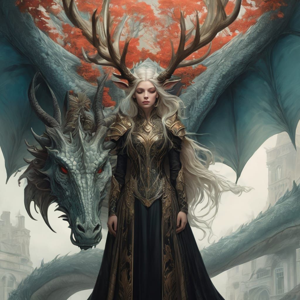 Surreal Punk Collage of Young Woman with Dragon and Antlers