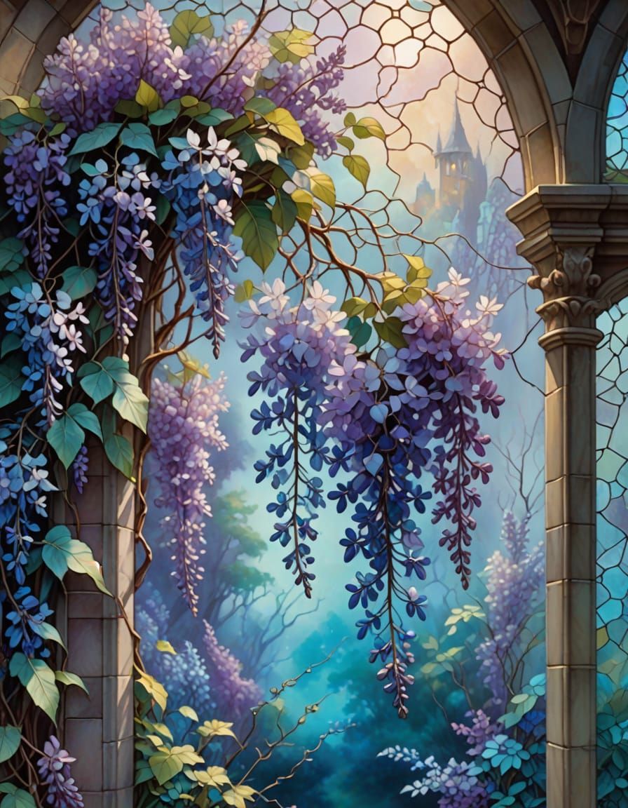 Stained Glass Wisteria Window in Aquas and Blues