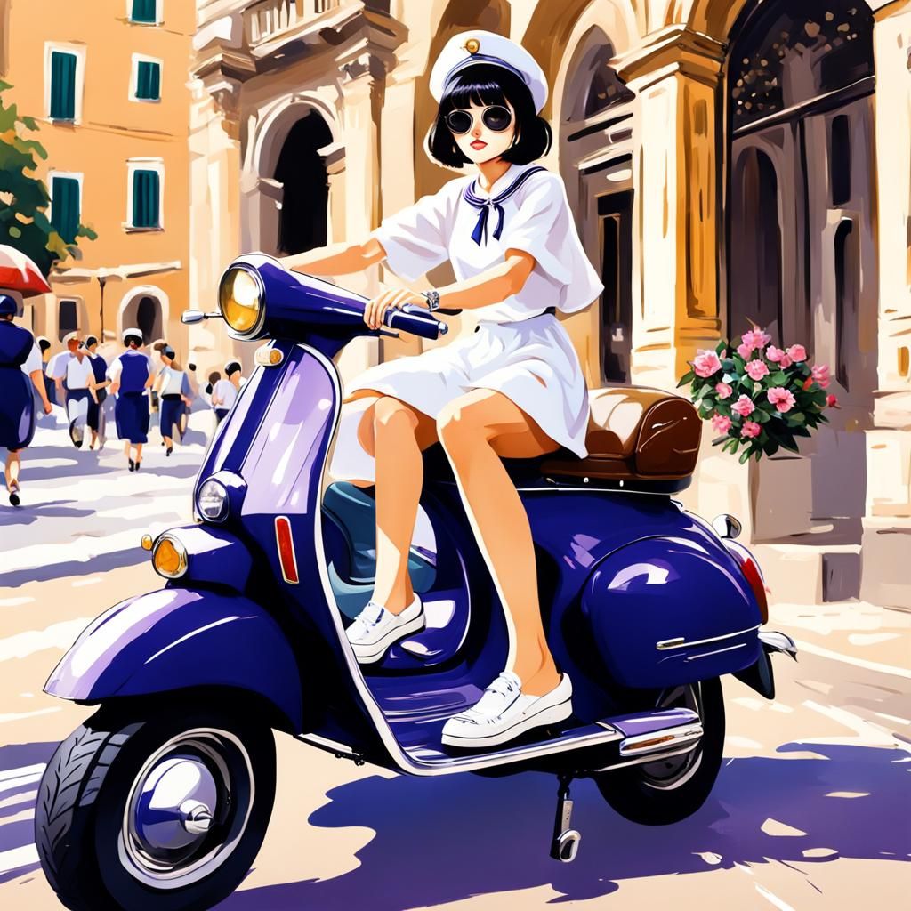Sailor Saturn riding a Vespa.  Roman Holiday, sunshine, casu...