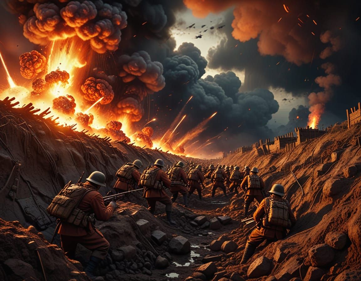 Soldiers in Trenches: Surreal Oil Painting with Explosions